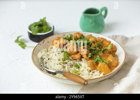 Traditionelles indisches Hühnchen-Curry mit Basmati-Reis und frischem Koriander auf rustikalem weißem Teller auf weißem Betonküchentisch, Nahaufnahme mit Auswahl Stockfoto