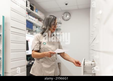 Seitenansicht einer kaukasischen Apothekerin, die Medikamente im Lagerraum überprüft Stockfoto