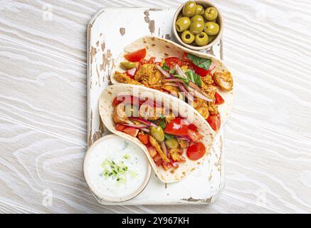 Traditionelles griechisches Gericht Gyros: Pita-Brot mit Gemüse, Fleisch, Kräutern, Oliven auf rustikalem Holzbrett mit Tzatziki-Sauce, Olivenölplatte Stockfoto