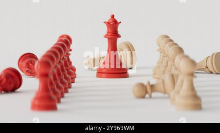 ROTES Schach hat den Sieg über die Konkurrenz. Konzept des Wettbewerbs und des Wettbewerbs.3D-Rendering auf weißem Hintergrund. Stockfoto