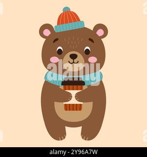 Süßer Bär, der ein Glas Kaffee hält, flache Illustration. Stock Vektor