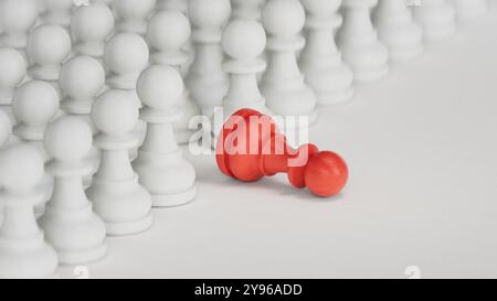 3D-Darstellung eines gefallenen ROTEN Bauern.3D-Rendering auf weißem Hintergrund. Stockfoto