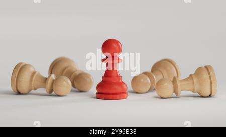 ROTES Bauernschach steht allein unter den silbernen Schachfiguren, die für den Geschäftssieger und das Konzept der Wettbewerbsstrategie fallen.3D-Rendering auf weißem Hintergrund. Stockfoto