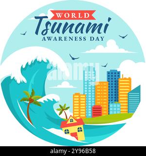 Vektor-Illustration des Welt-Tsunami-Awareness-Tages am 5. November, mit Wellen, die in Häuser, Bäume und Gebäude in einem flachen Hintergrund stürzen Stock Vektor