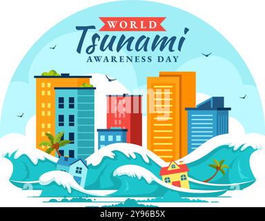 Vektor-Illustration des Welt-Tsunami-Awareness-Tages am 5. November, mit Wellen, die in Häuser, Bäume und Gebäude in einem flachen Hintergrund stürzen Stock Vektor