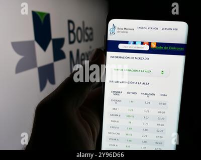 Deutschland. Juli 2024. In dieser Fotoabbildung hält eine Person ein Handy mit der Webseite der mexikanischen Börse Bolsa Mexicana de Valores (BMV) mit Logo. (Credit Image: © Timon Schneider/SOPA Images via ZUMA Press Wire) NUR REDAKTIONELLE VERWENDUNG! Nicht für kommerzielle ZWECKE! Stockfoto