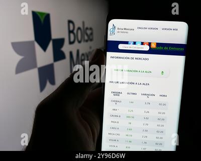Deutschland. Juli 2024. In dieser Fotoabbildung hält eine Person ein Handy mit der Webseite der mexikanischen Börse Bolsa Mexicana de Valores (BMV) mit Logo. (Foto von Timon Schneider/SOPA Images/SIPA USA) *** ausschließlich für redaktionelle Nachrichten *** Credit: SIPA USA/Alamy Live News Stockfoto