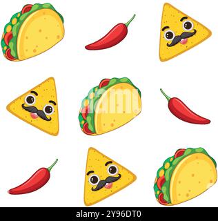 Entzückende Tacos und Paprika mit Gesichtern Stock Vektor