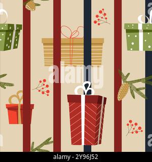 Weihnachtsgeschenke und Kiefernzweige Stock Vektor