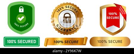 100 % sicherer Cyberschutz Stempelabzeichen vertrauenswürdiger garantierter Service sichere Zertifizierung Emblem farbenfrohe Schildform Design Symbolsatz Stock Vektor