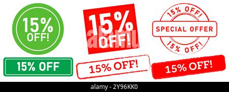 15 % Rabatt auf Werbebotschaft für Verkaufsmarketing Einzelhandelsanzeigen begrenztes Angebot Stempelaufkleber Grunge buntes Abzeichen Design Icon Set Stock Vektor