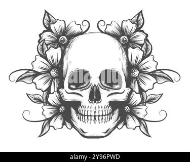 Schädel und Blumen Schwarzes und weißes Tattoo Design isoliert auf weißem Hintergrund Vektor-Illustration Stock Vektor