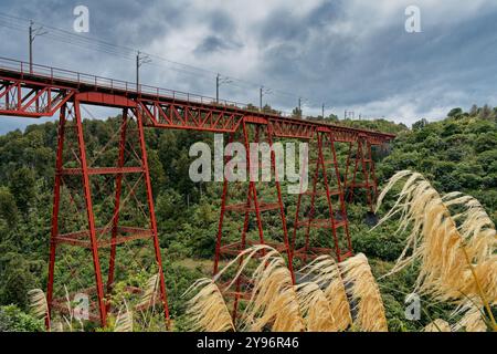 Ohakune, Region Manawatū-Whanganui / Aotearoa / Neuseeland - 5. Februar 2023: Die Makatote Viaduct Bridge führt über die Main Trunk Railway der Nordinsel Stockfoto