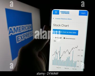 Person, die ein Mobiltelefon hält und die Webseite der American Express Company (Amex) auf dem Bildschirm vor dem Logo zeigt. Konzentrieren Sie sich auf die Mitte des Telefondisplays. Stockfoto