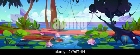 Dschungelsee mit Lotusblüten. Vektor-Karikaturillustration der schönen Landschaft mit tropischen Lianen auf Regenwaldbäumen, grünen Blättern, rosa Lilien auf der Wasseroberfläche, Vögel fliegen im Himmel über Felsen Stock Vektor