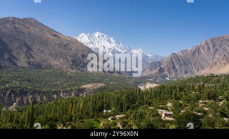 Morning landscape view of Hunza valley with mighty Rakaposhi in Karakoram mountain range, Karimabad, Gilgit-Baltistan, Pakistan Stock Photo