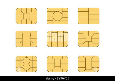 EMV-Chip-Symbolsatz. Microchip für Kreditkarten- oder Debitgebühren oder sim-Karten aus Kunststoff. Digitale NFC-Technologie. Kontaktlose Bezahlung an Terminals und Geldautomaten. Vektorabbildung Stock Vektor