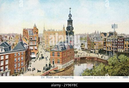 Vintage-Postkarte der Munttoren, oder Munt, in Amsterdam am Zusammenfluss der Amstel und des Singel-Kanals. Stockfoto