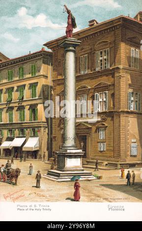 Vintage-Postkarte von Misch & Co. Von der Piazza Santa Trinita in Florenz, Italien, mit der Säule der Gerechtigkeit. Stockfoto