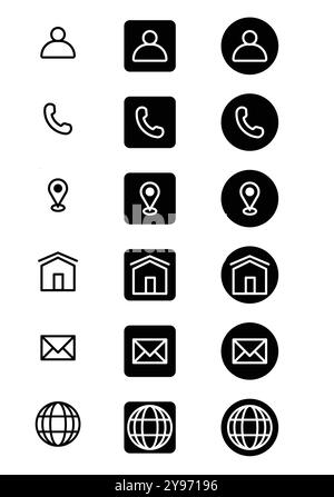 Kontaktsymbol, Web Symbol Set Vektor, Business Symbol, Visitenkarte, Set Symbole, Telefon, Mann, Standort, Haus, Post, Internet, Zeilensymbole. Stock Vektor