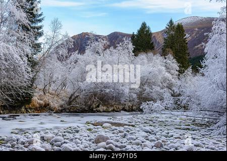 Ein gefrorener Fluss schlängelt sich durch einen schneebedeckten Wald, mit großen Felsen, die das Flussbett säumen und Bergen im Hintergrund. Stockfoto