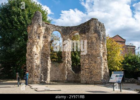 Reading Abbey Ruins, Reading, Berkshire, England, Großbritannien, mit einer Touristenfrau, die eine Informationstafel liest. Ruinierte Abtei, die 1121 von Heinrich I. gegründet wurde Stockfoto