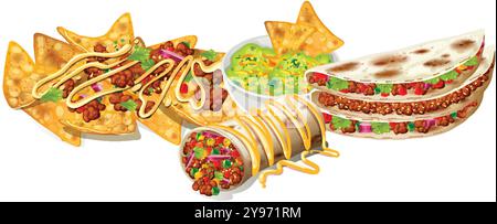 Tacos, Nachos, Burritos und Guacamole Dip Stock Vektor
