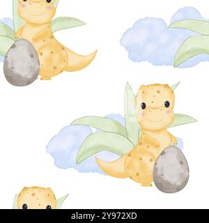 Nahtloses Muster mit gelben Dinosauriern, Wolken und Eiern, farbige Aquarellillustration für Kinder zum Drucken und Web Stockfoto