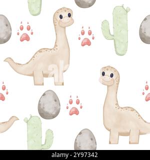 Nahtloses Muster mit Dinosauriern mit langen Hälsen, Pfotendrucken, Kakteen und Eiern, Kinderfarben-Aquarellillustration zum Drucken und Web Stockfoto