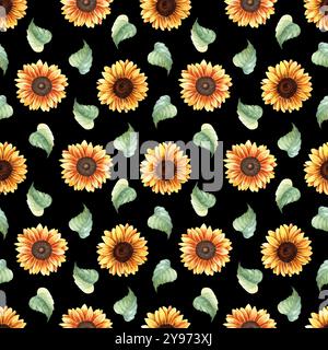 Aquarellfarben nahtlos, wiederholtes Muster mit gelben Sonnenblumenblüten und -Blättern. Handgezeichnetes Muster für Verpackung, Tapete, Stoff, Textil Stockfoto