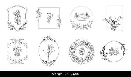 Die minimalistischen Rahmendesigns zeigen blühende Blumen und handgezeichnete Blätter und eignen sich perfekt für Einladungen, Karten und künstlerische Projekte Stock Vektor