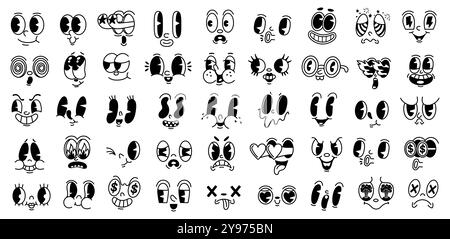 Retro-Gesichtsausdrücke, die verschiedene Emotionen und Reaktionen veranschaulichen. Die verspielten Designs beinhalten Charaktere, die Freude, Traurigkeit, Überraschung und ausdrücken Stock Vektor