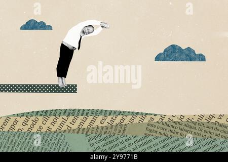 Composite Photo Collage von glücklichen alten Mann Tauchen Fluss Sommer Urlaub Schwimmer Reise Resort Vibes isoliert auf gemalten Hintergrund Stockfoto