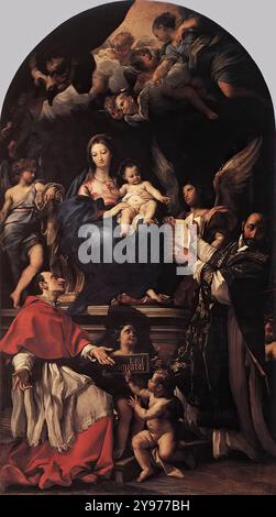 MARATTI, Carlo (* 1625, Camarano, d. 1713, Roma) Madonna und Kind thront mit Engeln und Heiligen 1680-90 Öl auf Leinwand S. Maria Valicella, Rom dieser Altar besitzt einen für Maratti ungewöhnlichen Farbenreichtum. Er wurde von der venezianischen Malerei beeinflusst, was auch an der Gestaltung der Komposition sowie an den Ausdrucksformen und Gesten der Charaktere zu erkennen ist. Maratti hatte eine eklektische Fähigkeit, von anderen zu zitieren, aber er hat es immer nüchtern und kontrolliert zurückgehalten. Tatsächlich könnte dies als sein Hauptanspruch auf Berühmtheit angesehen werden. Sonst war er es Stockfoto