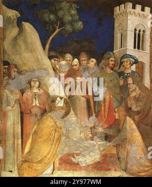 SIMONE MARTINI (* 1280/85, Siena, d. 1344, Avignon) das Wunder des auferstandenen Kindes 1312-17 Fresko, 296 x 230 cm Cappella di San Martino, Unterkirche, San Francesco, Assisi ausgehend vom Eingang der Kapelle, von links nach rechts und von oben nach unten, sind die Seitenwände und die Tonnengewölbedecke mit Szenen aus dem Leben des hl. auf der mittleren Ebene, das Wunder des auferstandenen Kindes, die Meditation, die wundersame Messe und das Wunder des Feuers; auf der t Stockfoto