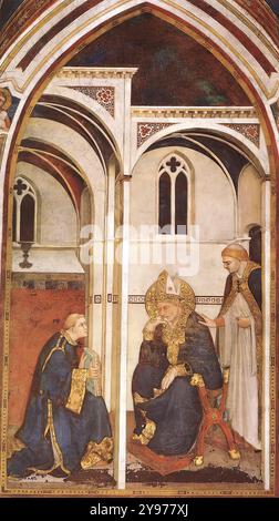 SIMONE MARTINI (* 1280/85, Siena, d. 1344, Avignon) Meditation 1312-17 Fresko, 390 x 200 cm Cappella di San Martino, Unterkirche, San Francesco, Assisi vom Eingang der Kapelle, von links nach rechts und von oben nach unten, sind die Seitenwände und die Tonnengewölbedecke mit Szenen aus dem Leben des hl. Martin gemalt: Auf der unteren Ebene, die Teilung des Mantels, der Traum, der Ritter und seine Waffen; auf der mittleren Ebene, das Wunder des auferstandenen Kindes, die Meditation, die wundersame Messe und das Wunder des Feuers; auf der obersten Ebene finden wir das Letzte Stockfoto