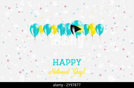 Glitzerndes Patriotisches Poster Zum Unabhängigkeitstag Der Bahamas. Ballonreihe in den Farben der Bahama-Flagge. Grußkarte mit Nationalflaggen, Konfetti und S Stock Vektor