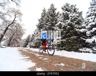 Ein Mann fährt mit dem Fahrrad in einem Winterpark zwischen schneebedeckten Bäumen. Bärtiger Radfahrer in einer blauen Jacke. Aktiver Lebensstil Stockfoto