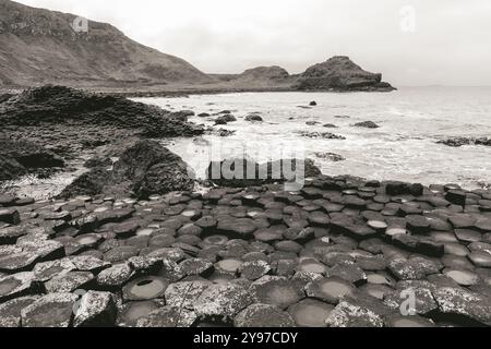 Ein in Sepia getöntes Vintage-Foto des Giant's Causeway, Nordirland, zeigt die markanten Basaltsäulen entlang der Küste mit Hügeln Stockfoto