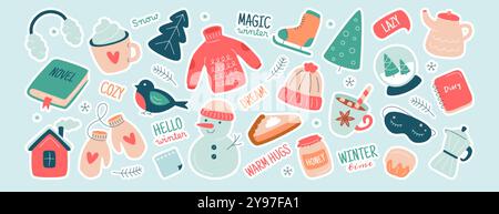 Weihnachtsaufkleber-Set. Niedliche Tagebuchpackung mit Kleidung, Schlittschuhen, Baum, heißen Getränken, Süßigkeiten und winterlichen Zitaten. Aufkleber für Urlaubsplaner, Tagesetiketten oder Dekorationssymbole für Sammelalbum oder Notizbuch Stock Vektor