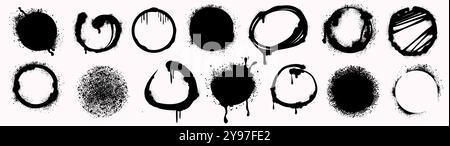 Sprühen Sie schwarze Kreise mit Tropfen, Flecken und Tintenspritzern im Street Style. Vektorsatz von städtischen Graffiti-Runden, gesprühten Ring-Design-Elementen oder farbigen kreisförmigen Rändern isoliert auf weißem Hintergrund. Stock Vektor