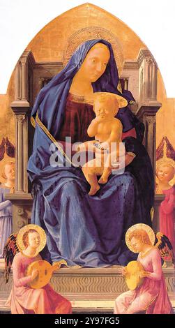 MASACCIO (* 1401, San Giovanni Valdarno, d. 1428, Roma) Madonna mit Kind und Engeln 1426 Holz, 135,5 x 75 cm National Gallery, London das Gemälde ist die Mitteltafel eines großen, 19-teiligen Flügelaltars für eine Kapelle der Karmeliterkirche in Pisa. Zehn weitere Tafeln des Altaraufbaus befinden sich in verschiedenen Museen. --- Schlüsselwörter: ----------------- Autor: MASACCIO Titel: Madonna mit Kind und Engeln Zeitlinie: 1401-1450 Schule: Italienisch Form: Malerei Art: Religiös Stockfoto