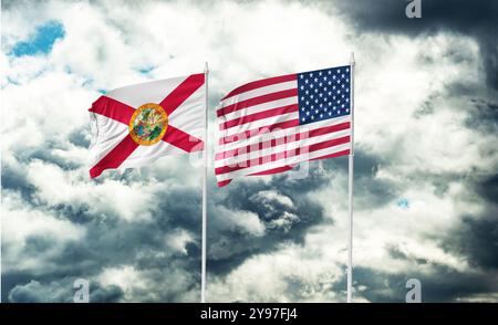 Florida-Flagge. Florida ist der südöstlichste US-Bundesstaat mit dem Atlantik auf der einen und dem Golf von Mexiko auf der anderen Seite. Es hat Hunderte von Meilen Stockfoto