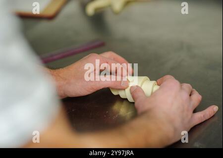Nahaufnahme von rohen Croissants, die auf einem Backblech in einer professionellen Bäckerei zubereitet werden. Frisch geformter Teig. Stockfoto