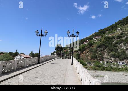 Blick auf die Gorica-Brücke-Ura e Goricës über den Fluss Osum in der Stadt Berat, Albanien Stockfoto