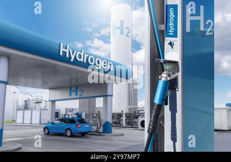 Eine Wasserstoff-Kraftstoffdüse. Auto mit Wasserstoff betanken. Stockfoto