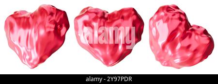 Set aus drei abstrakten, glänzenden flüssigen Herzen in Rosa, isoliert auf weißem Hintergrund. Verspieltes, fließendes Herz-Set, ausgeschnittene Designelemente Stockfoto