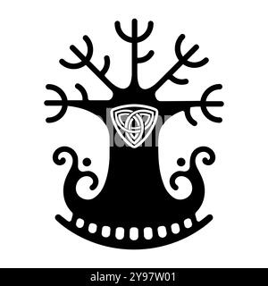 Viking-Design. Weltbaum aus der skandinavischen Mythologie - Yggdrasil und keltischer Knoten. Gezeichnet im altnordischen keltischen Stil Stock Vektor