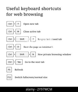 Infografiken für Tastenkombinationen zum Surfen im Internet. Hotkeys für Internetbrowser. Stock Vektor