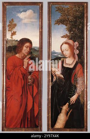 MASSYS, Quentin (* 1465/66, Leuven, d. 1530, Antwerpen) Johannes der Täufer und St. Agnes ca. 1520 Öl auf Eiche, jeweils 48 x 13,3 cm Wallraf-Richartz Museum, Köln die Flügel, die die Heiligen Lawrence und Dorothy an ihrer Außenseite zeigen, waren einst Teil eines hingebungsvollen Triptychons. Das Zentrum soll eine Jungfrau mit Kind gewesen sein, gekrönt von Engeln. --- Schlüsselwörter: ----------------- Autor: MASSYS, Quentin Titel: Johannes der Täufer und St Agnes Zeitlinie: 1451-1500 Schule: Flämische Form: Malerei Typ: Religiös Stockfoto